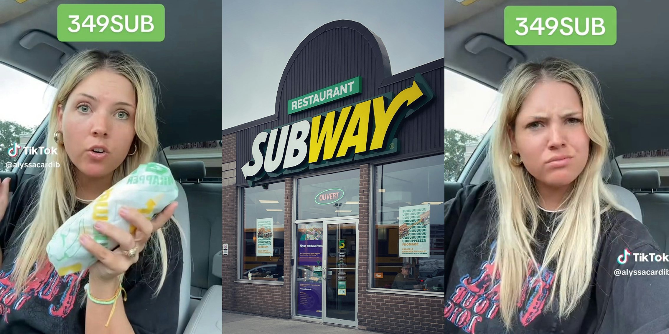 Woman wearing black t shirt inside of car holding a subway sandwich