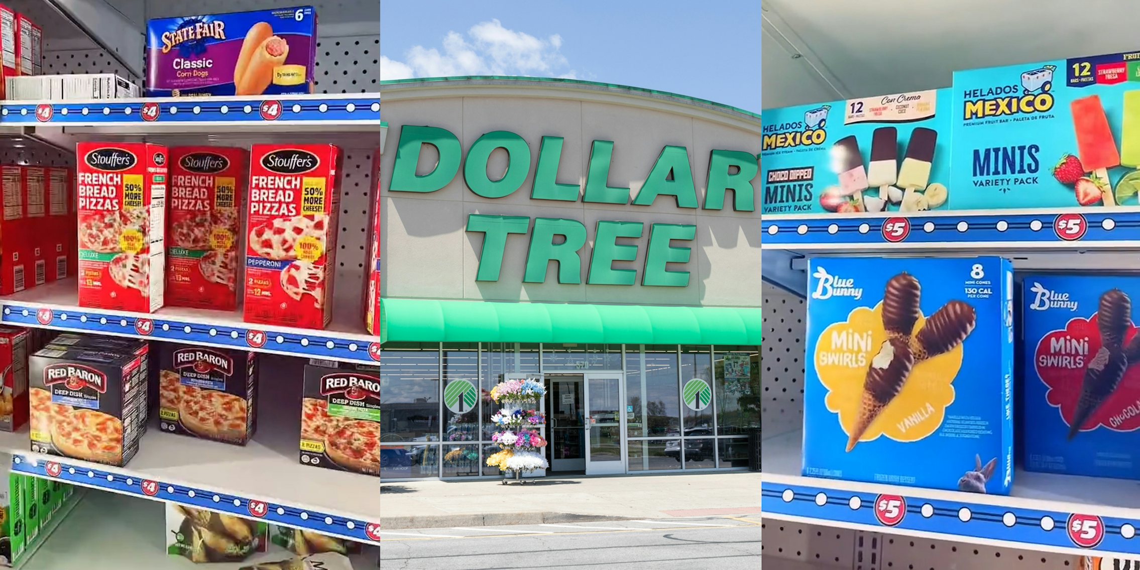 Dollar Tree $4 items in freezer (l) Dollar Tree sign above building entrance (c) Dollar Tree $5 items in freezer (r)