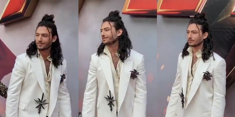 Ezra Miller in white suit at The Flash premiere (l) Ezra Miller in white suit at The Flash premiere (c) Ezra Miller in white suit at The Flash premiere (r)