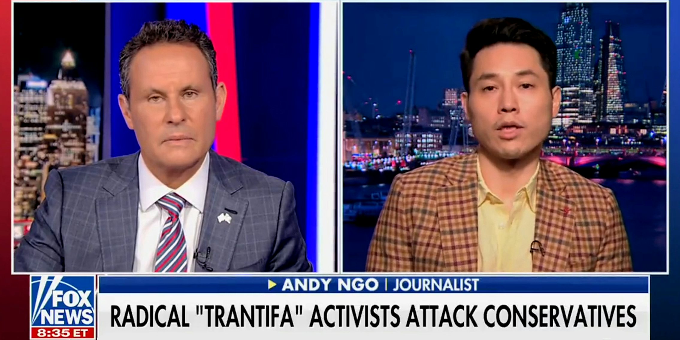 Andy Ngo on Fox News with caption 'RADICAL 'TRANTIFA' ACTIVISTS ATTACK CONSERVATIVES' in front of red and blue city background