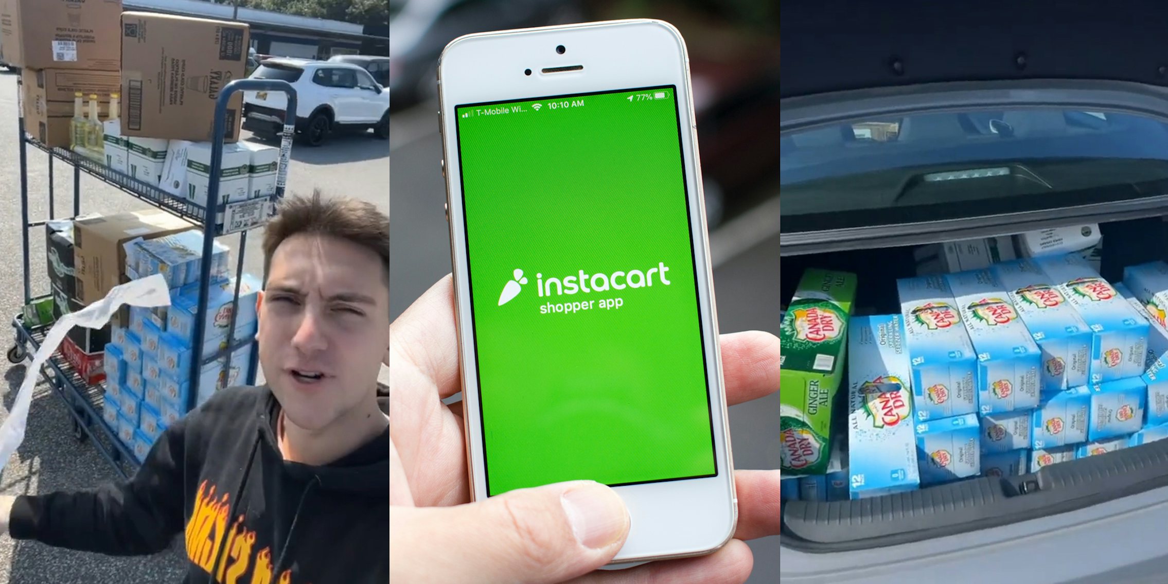 Instacart shopper with rolling rack of items in parking lot (l) hand holding phone with Instacart Shopper App on screen (c) trunk of car full of cases of Canada Dry (r)