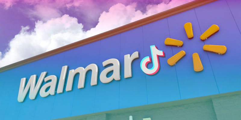 Walmart building with sign with logo containing TikTok logo replacing "t" with red to blue overlay