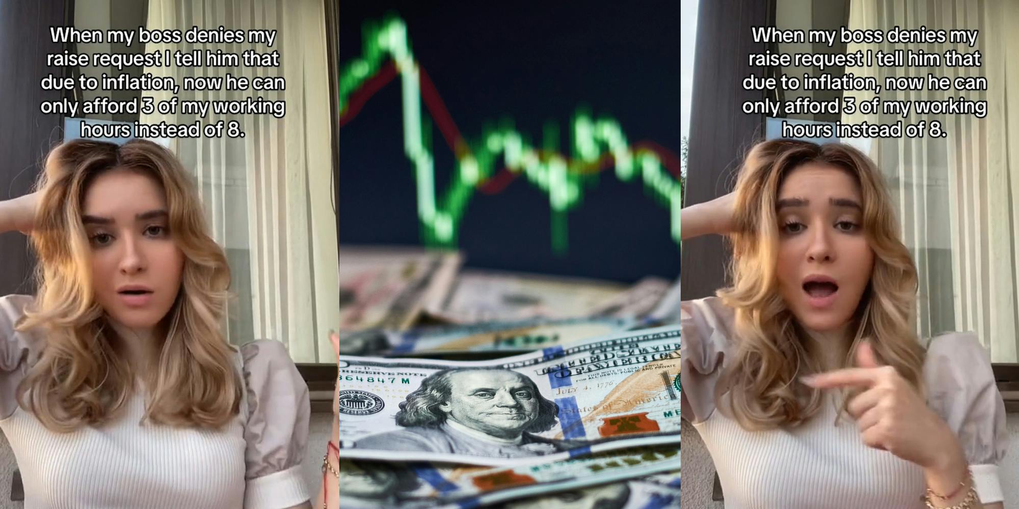 woman speaking with caption "When my boss denies my raise request I tell him that due to inflation, now he can only afford 3 of my working hours instead of 8." (l) 100 dollar bills in front of graph inflation concept (c) woman speaking with caption "When my boss denies my raise request I tell him that due to inflation, now he can only afford 3 of my working hours instead of 8." (r)