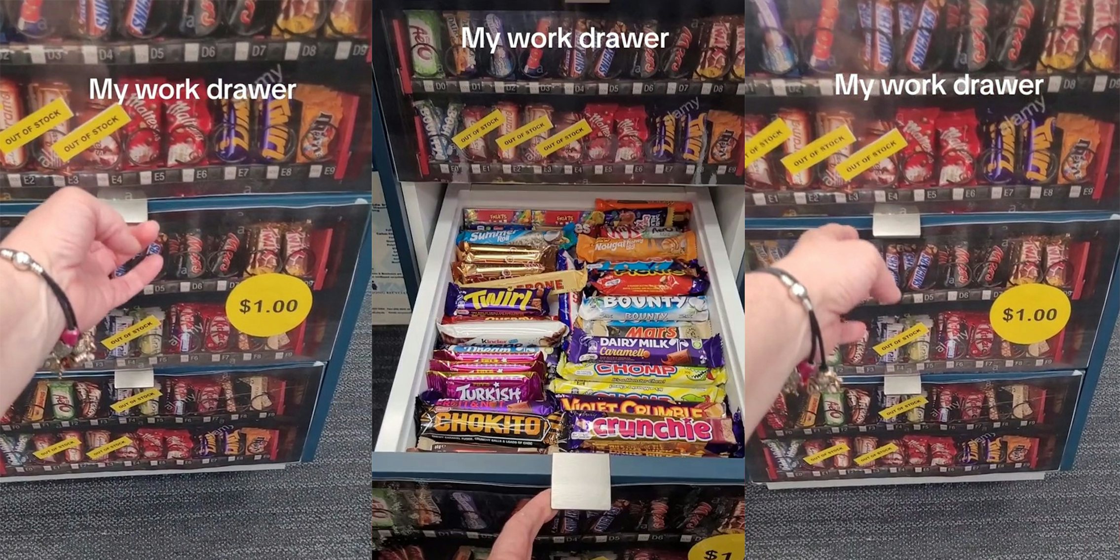 Worker turns drawers into an office vending machine full of Snickers, Reese’s, and Toblerone.