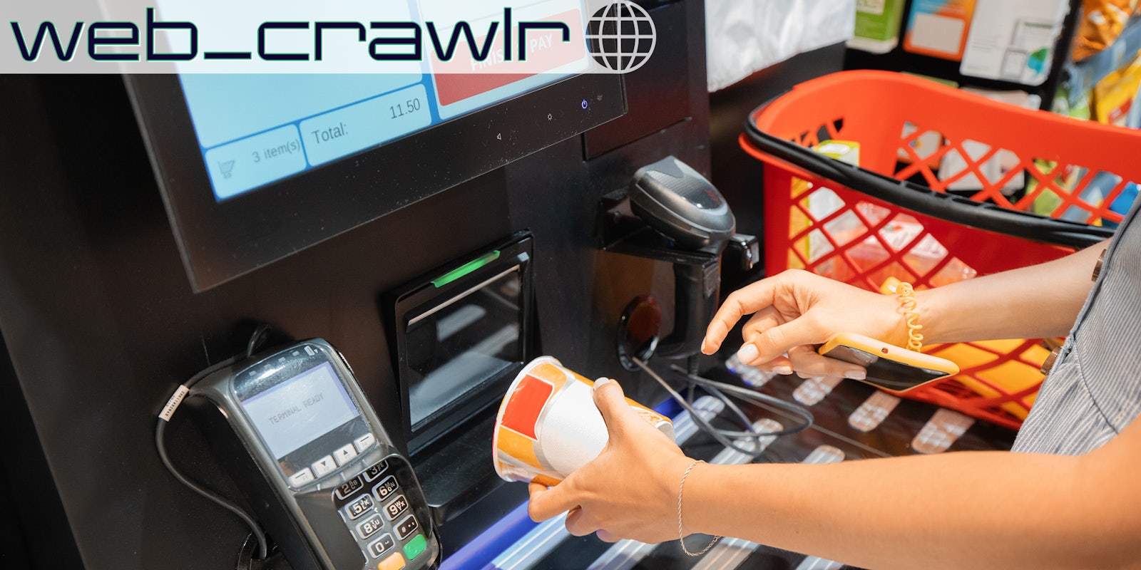 A person using a self checkout. The Daily Dot newsletter web_crawlr logo is in the top left corner.