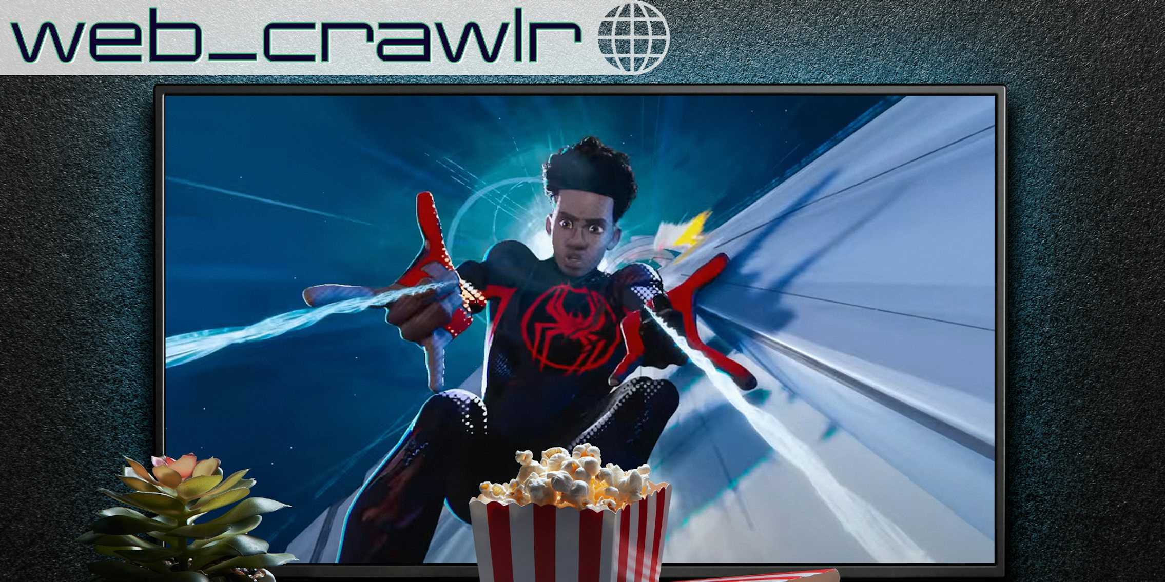 TV screen playing Spider-Man Across the Spider-Verse trailer or movie. The Daily Dot newsletter web_crawlr logo is in the top left corner.