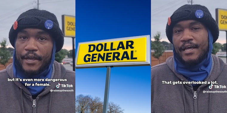Man wearing grey hoodie standing Infront of a dollar general sign ;Dollar General exterior store sign and logo.