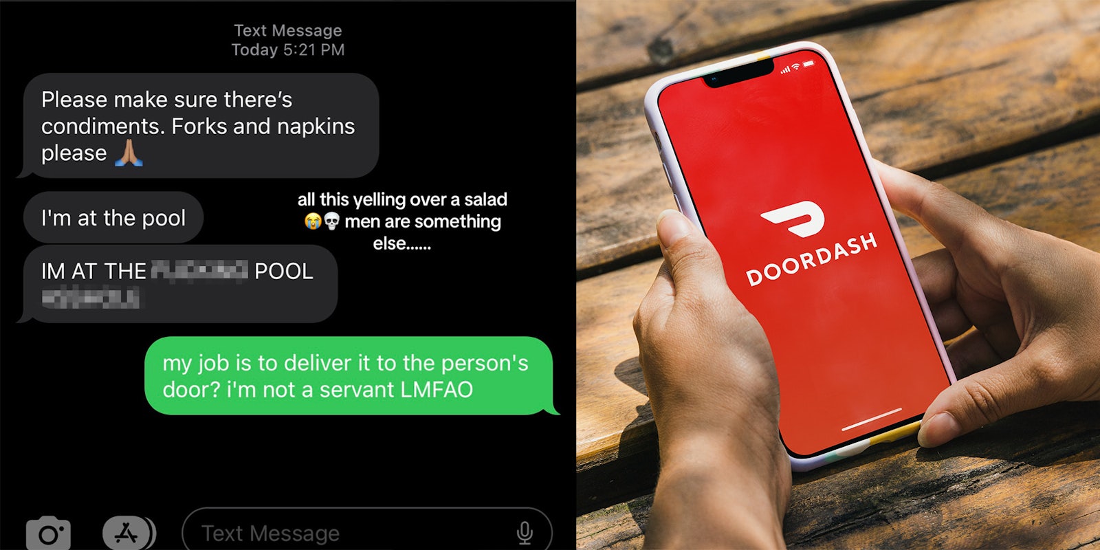 Screenshot of a text message; Person holding iPhone with DoorDash logo on screen with two hands