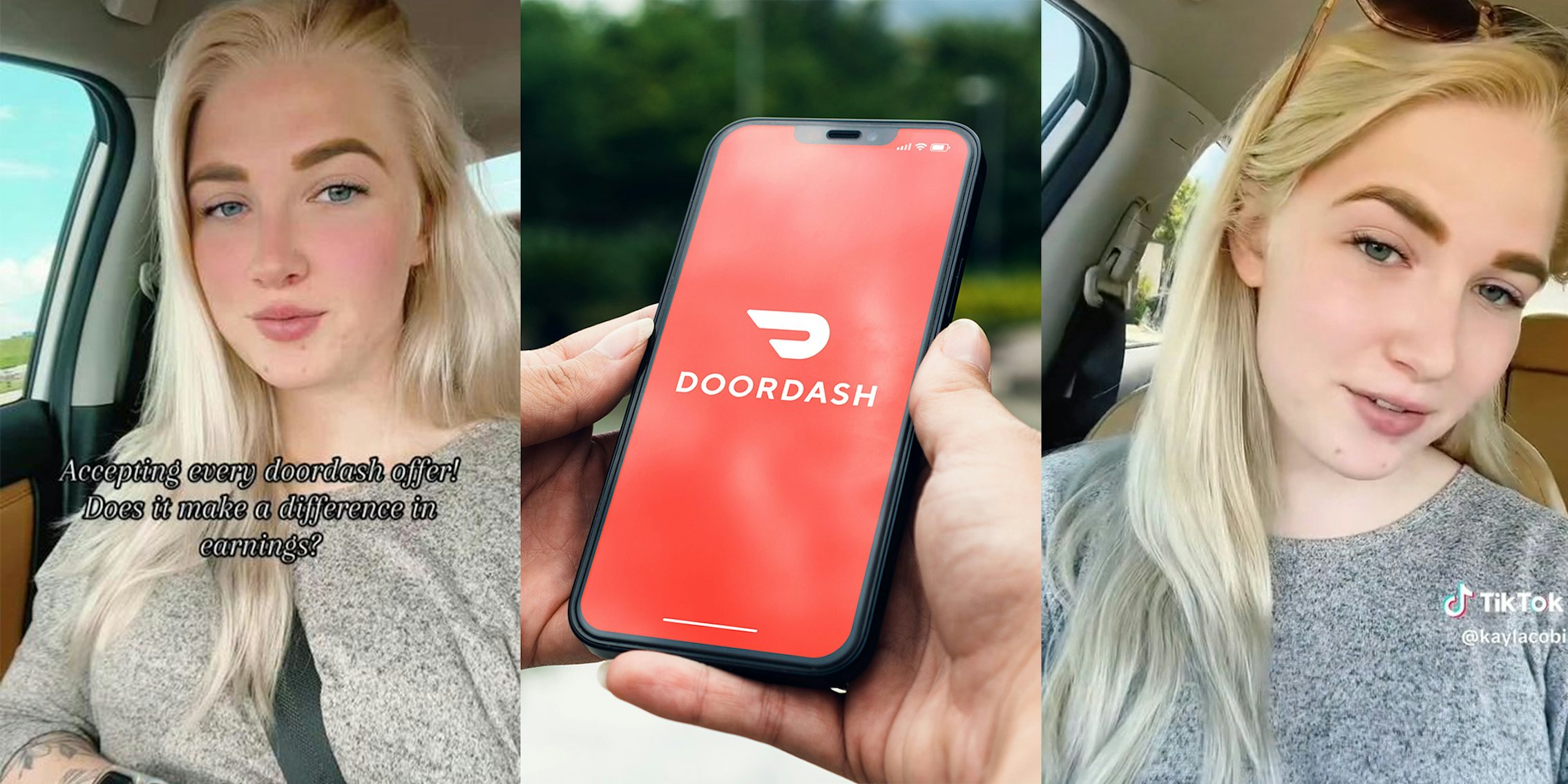 Girl wearing grey shirt in car; Girl in the park holding a smartphone with Doordash delivery app on the screen