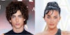 Timothee Chalamet in front of red background (l) Kylie Jenner in front of white and gold background (r)