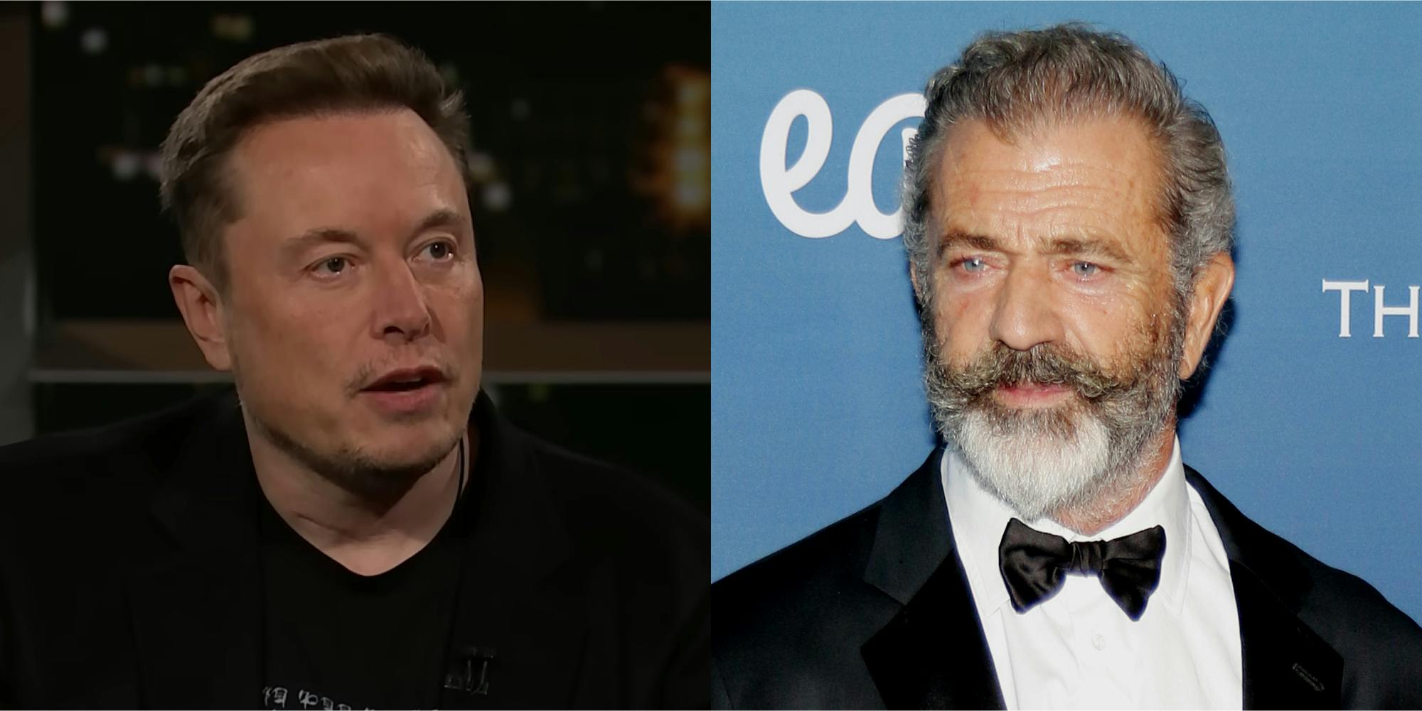 Elon Musk speaking in front of dark background (l) Mel Gibson in front of blue background (r)