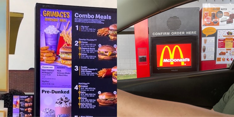 McDonald's drive thru menu showing Grimace meal (l) McDonald's drive thru speaker seen through car window (r)