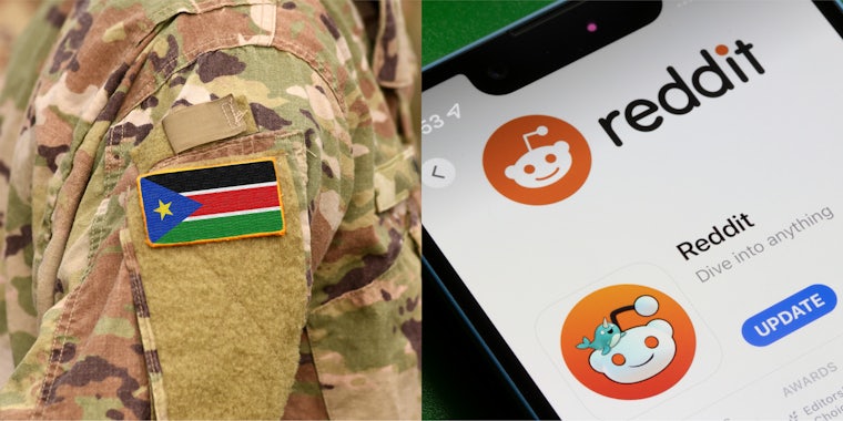 South Sudan flag on soldiers arm (l) Reddit app download screen on phone in front of green background (r)