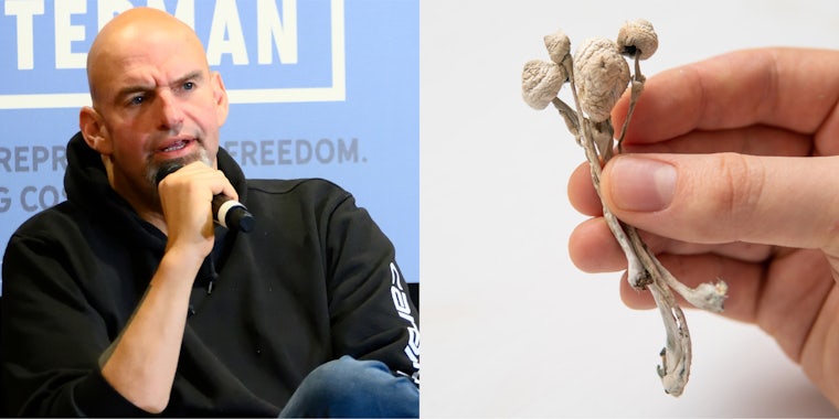 John Fetterman speaking into microphone in front of light blue background (l) hand holding Psilocybin mushrooms in front of white background (r)