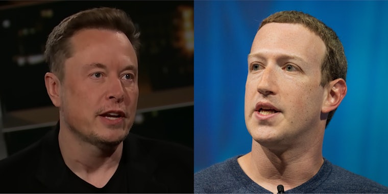 Elon Musk speaking in front of dark background (l) Mark Zuckerberg speaking in frontof blue background (r)