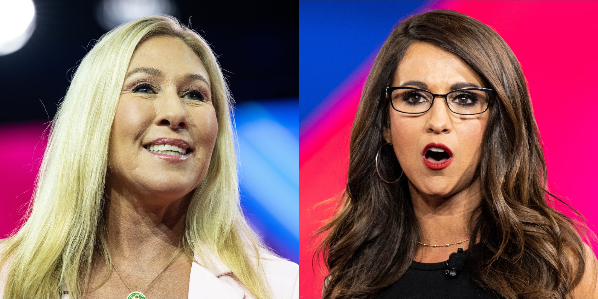 Marjorie Taylor Greene speaking in front of pink and blue background (l) Lauren Boebert speaking in front of pink and blue background (r)
