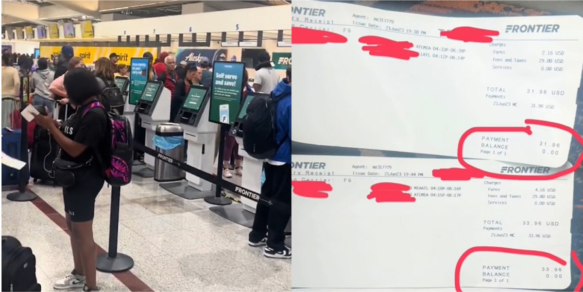 people waiting in lines at airport (l) Frontier tickets for $31.96 & $33.95 with total circled with red (r)