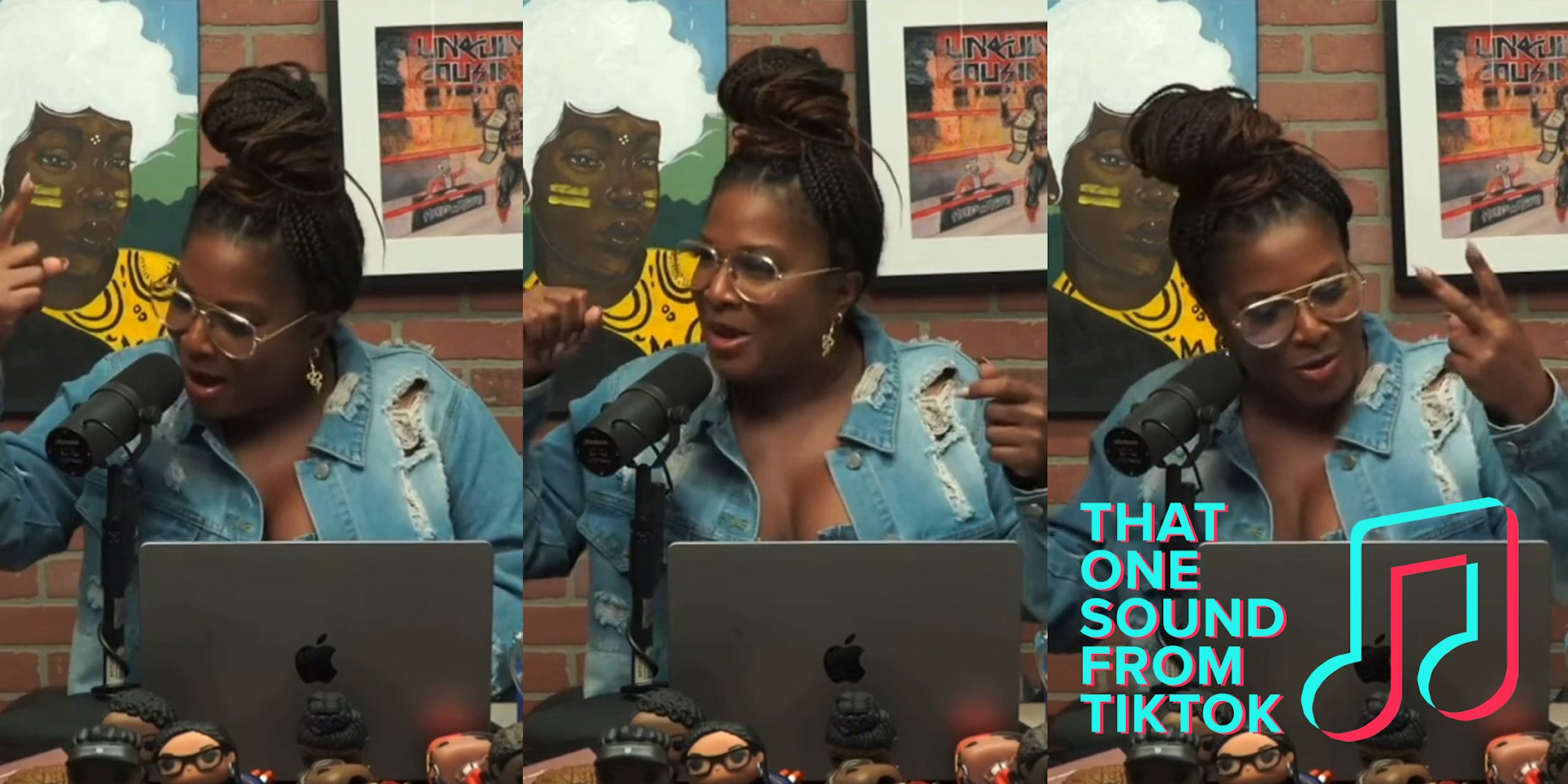 @thatchickangeltv rapping into microphone at laptop (l) @thatchickangeltv rapping into microphone at laptop (c) @thatchickangeltv rapping into microphone at laptop with THAT ONE SOUND FROM TIKTOK logo in bottom right corner (r)