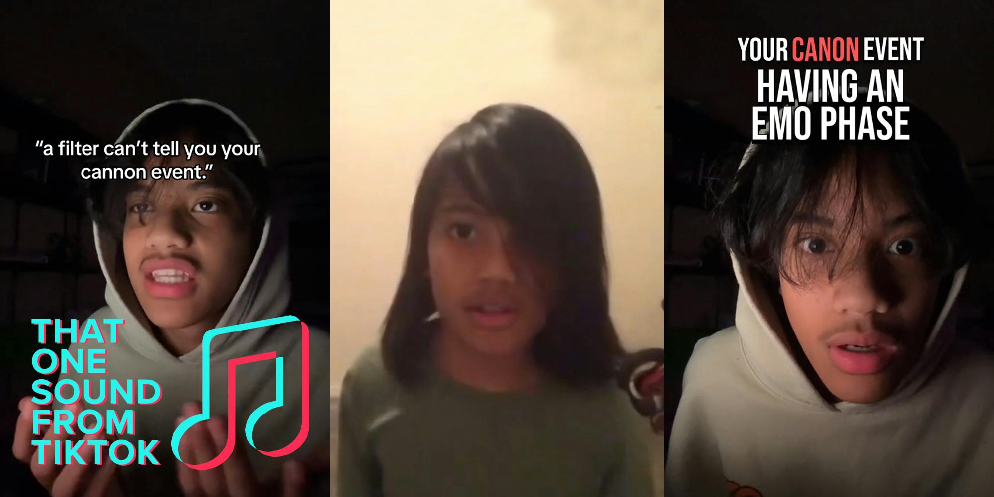 man with caption ""a filter can't tell you your cannon event"" with THAT ONE SOUND FROM TIKTOK logo in bottom left corner (l) kid with emo haircut in front of tan background (c) man with caption "YOUR CANNON EVENT HAVING AN EMO PHASE" (r)