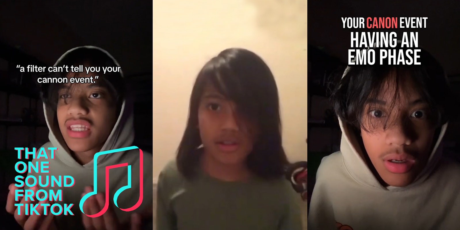 man with caption ''a filter can't tell you your cannon event'' with THAT ONE SOUND FROM TIKTOK logo in bottom left corner (l) kid with emo haircut in front of tan background (c) man with caption 'YOUR CANNON EVENT HAVING AN EMO PHASE' (r)