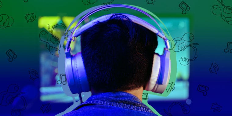 man playing PC games while wearing headphones in front of green to blue gradient headphone icon background Passionfruit Remix