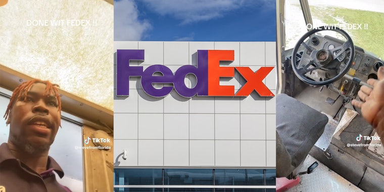 FedEx drivers in horrible working conditions ; Close up of FedEx sign on the building