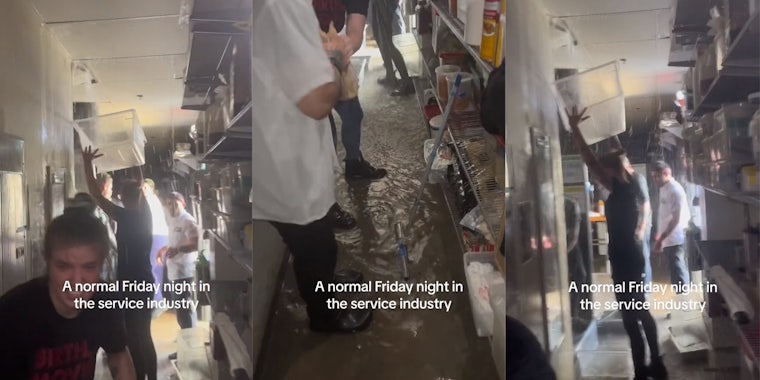 Restaurant staff work through flooded kitchen
