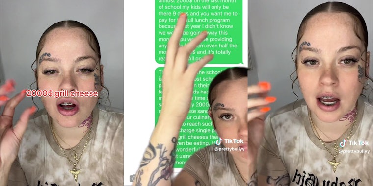 Woman wearing tie dye shirt with green screen effect of text messages