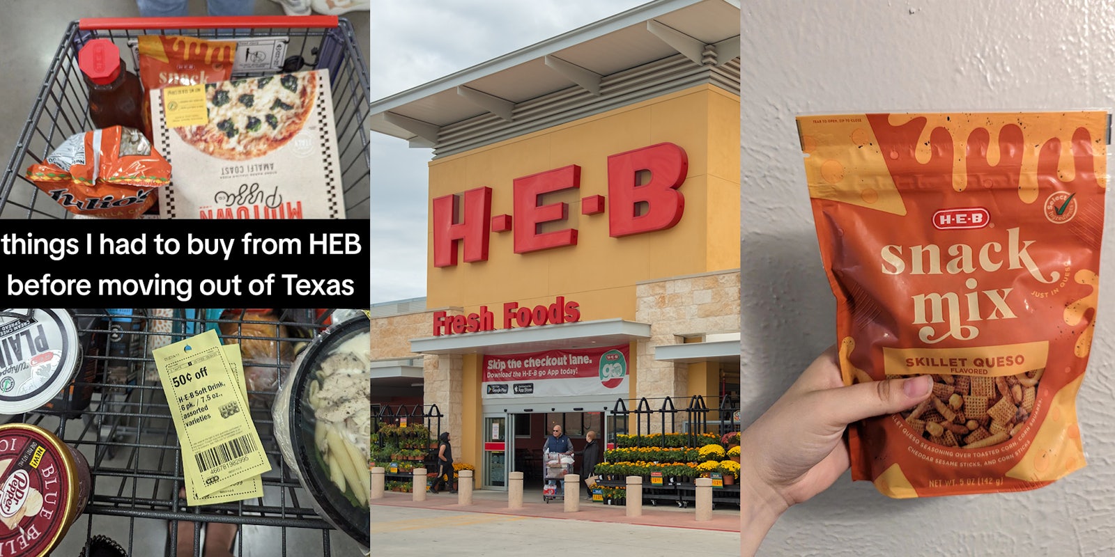 HEB PRODUCTS IN CART; Entrance of the HEB Supermarket store