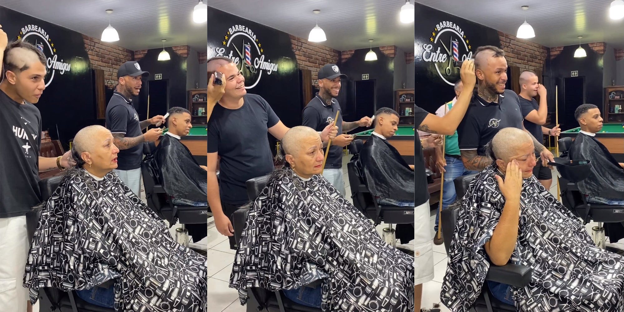 Barber shaving woman's hair due to chemo, decides to cut his own and his coworkers join him