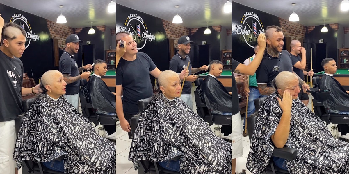 Barber shaving woman's hair due to chemo, decides to cut his own and his coworkers join him