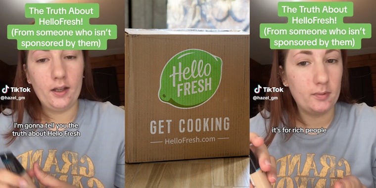 Woman with Grey shirt explaining about HelloFresh! a food delivery service Hello Fresh Delivery Box by Front Door