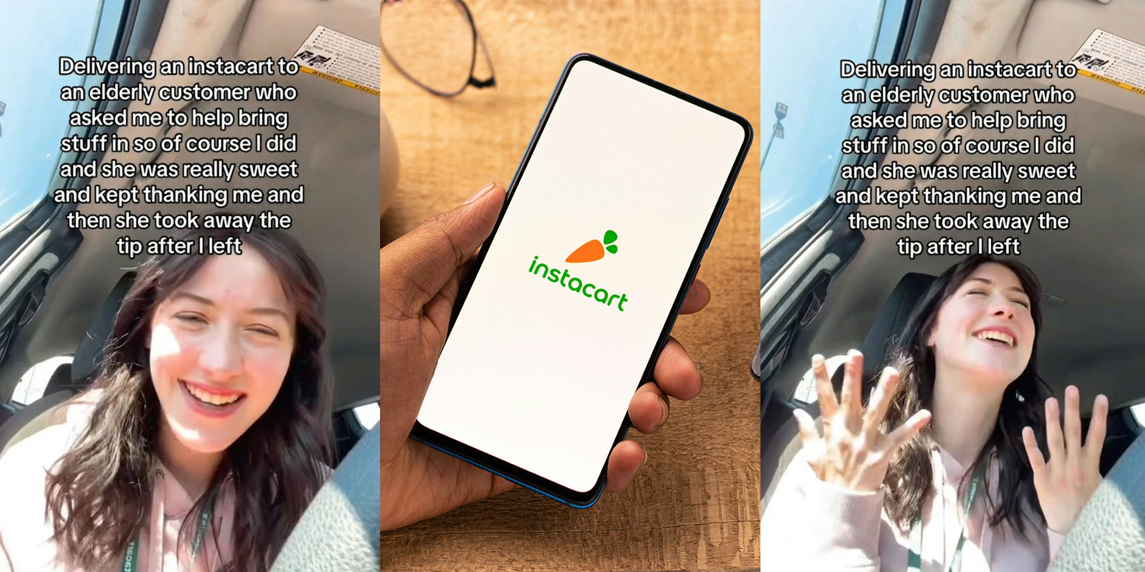 Young Woman Smiling, Hand Holding phone with Instacart App Open