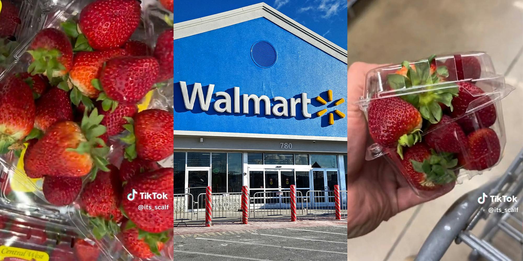 Strawberries; Walmart retailer storefront entrance bright sunshine day,