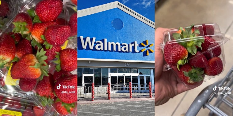 Strawberries; Walmart retailer storefront entrance bright sunshine day,