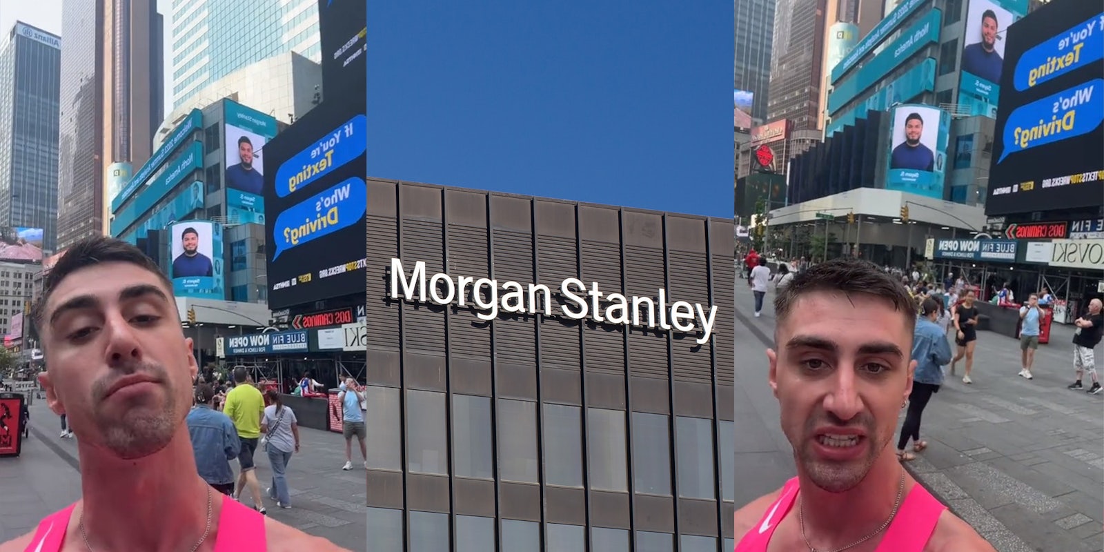 Morgan Stanley Logo on Building; Man in pink tank top in new York times square