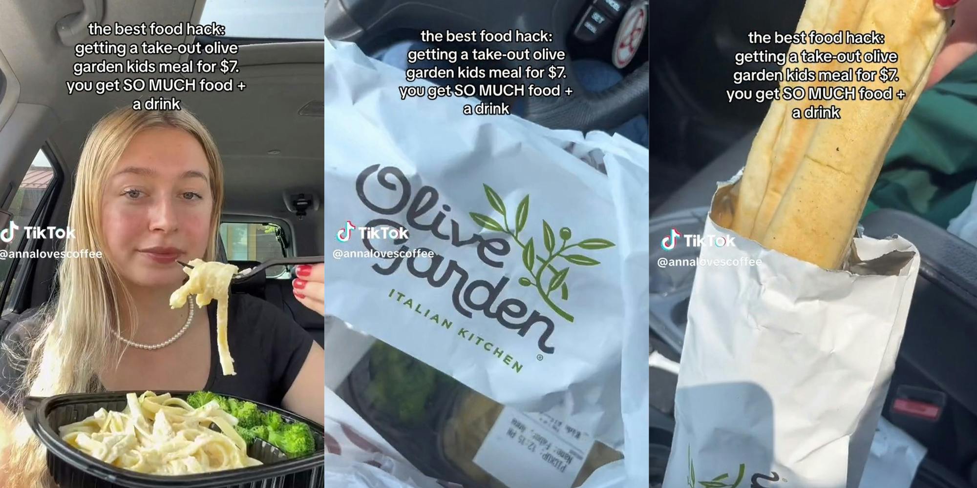 Woman holding eating olive garden food in a vehicle