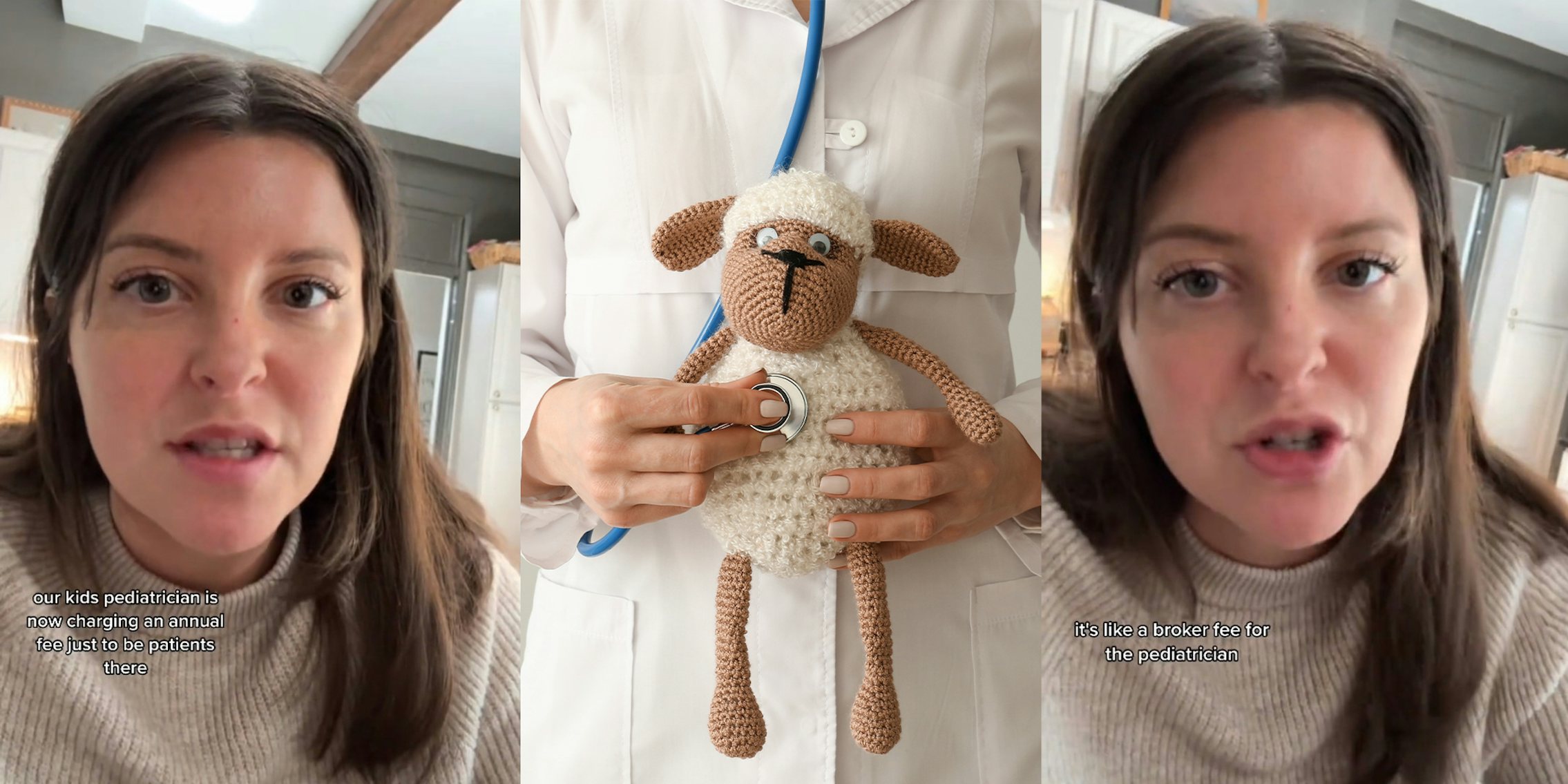 Woman wearing sweater explaining her experiences with a pediatrician. Pediatrician with toy sheep and stethoscope on light background