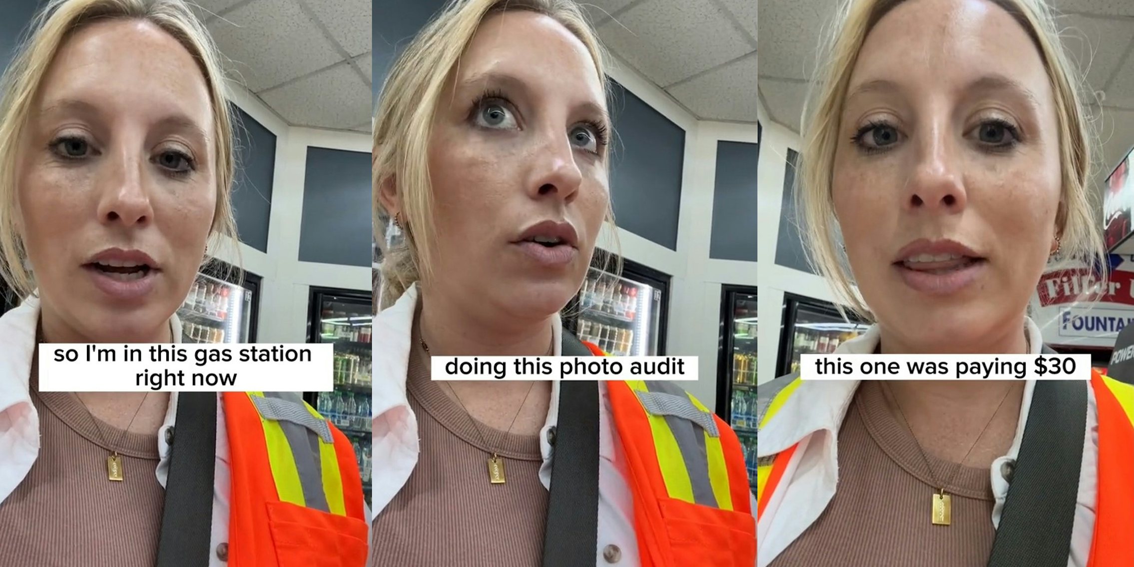 Woman explaining she is doing a photo audit at a gas station