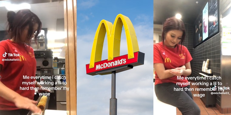 woman in McDonalds t-shirt working inside restaurant kitchen