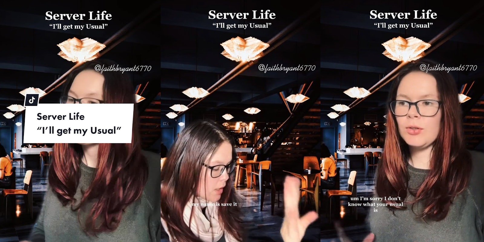 Woman wearing glasses with Restaurant Green Screen Effect reenacting her experiences as a server