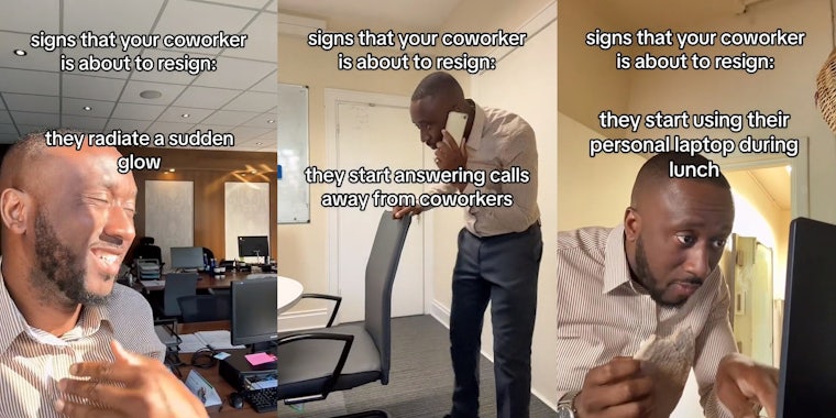 Man in office environment showing different situations on how a worker behaves right before they resign