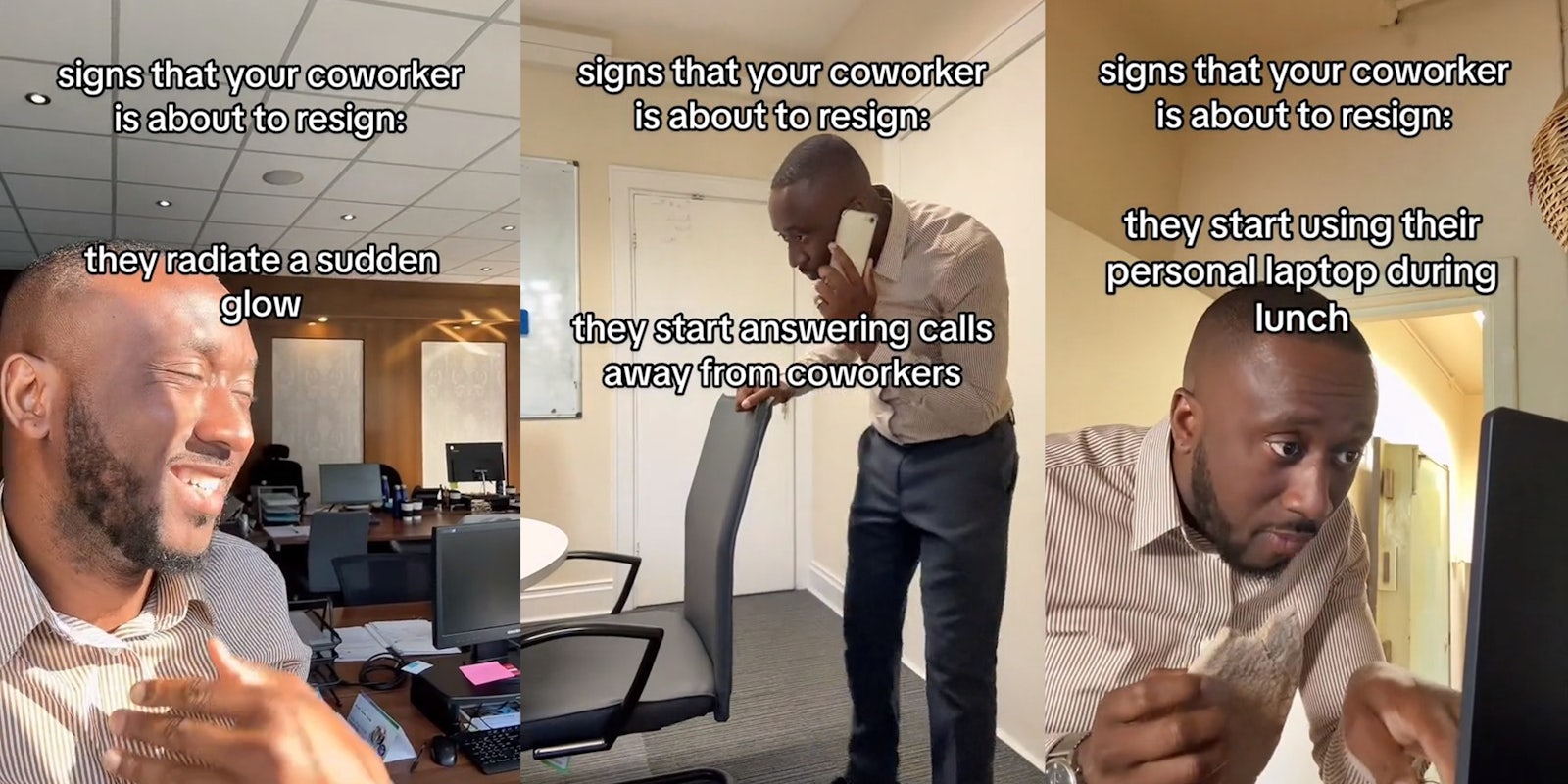 Man in office environment showing different situations on how a worker behaves right before they resign