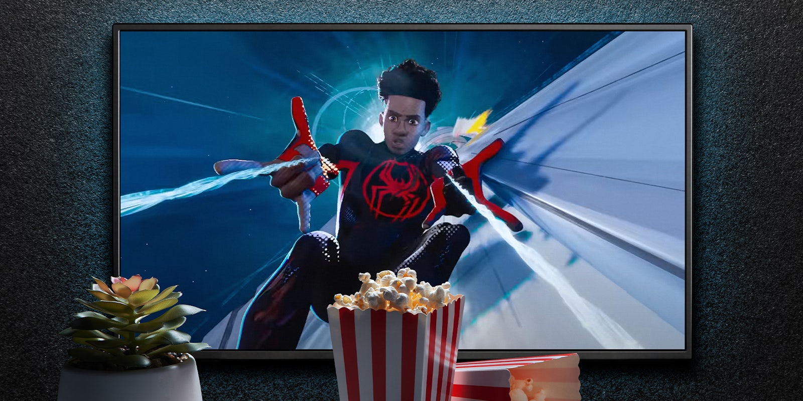 TV screen playing Spider-Man Across the Spider-Verse trailer or movie. TV with remote control, popcorn boxes and home plant
