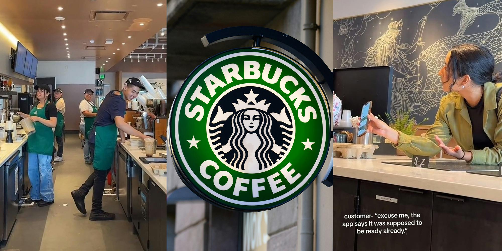 Group of Starbucks Baristas doing work; the logo of the brand "Starbucks coffee"; Woman showing her phone over Starbucks counter trying to prove an she made an order
