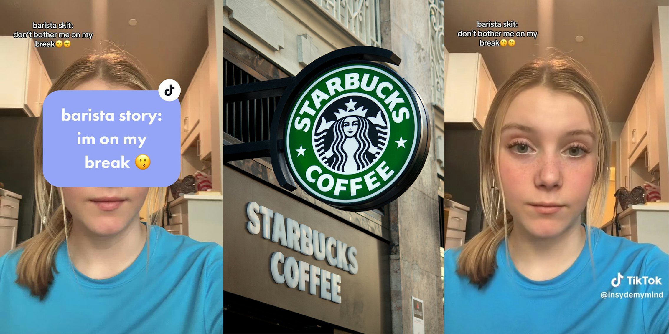 Girl in Blue shirt; Exterior of a Starbucks Coffee coffeehouse.