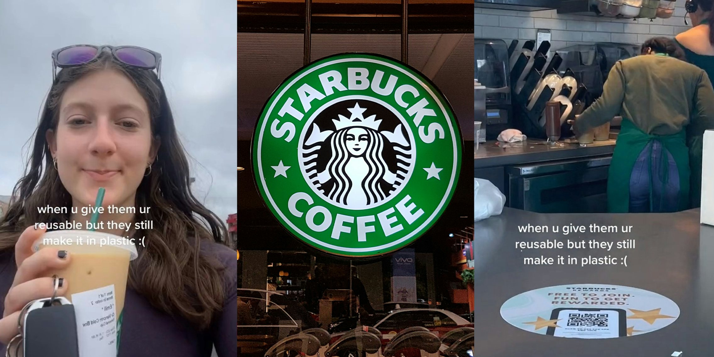 Young woman showing that Starbucks barista makes drink in plastic cup after she brought her own