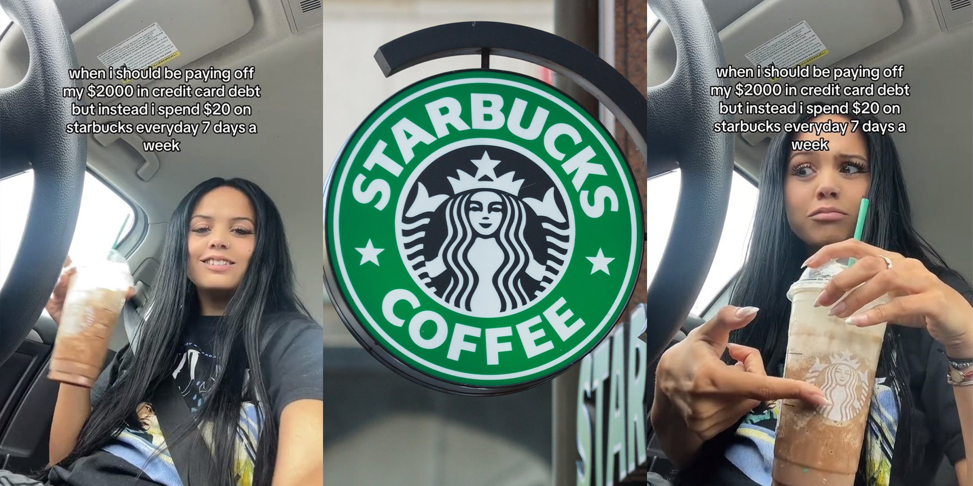 woman in vehicle holding Starbucks drink