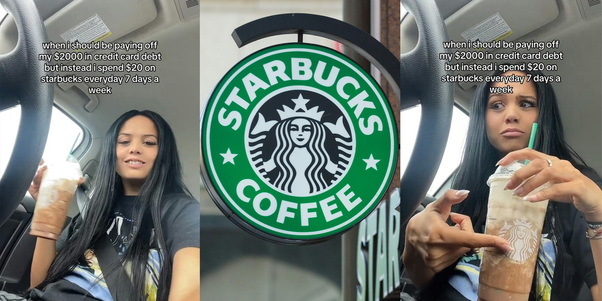 woman in vehicle holding Starbucks drink