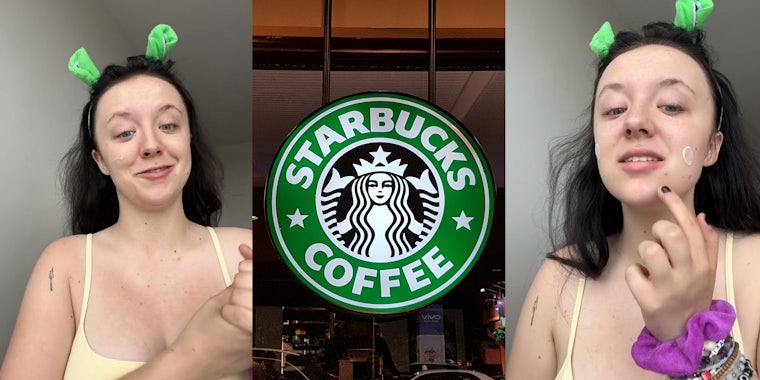 woman in yellow tank top doing her makeup while explaining her experience as a Starbucks worker